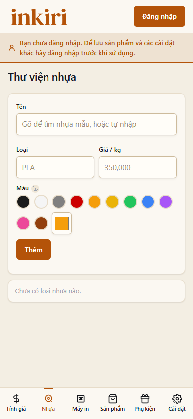 Tab Thư viện nhựa Inkiri trên điện thoại với ô tên nhựa, loại, giá mỗi kg và chọn màu