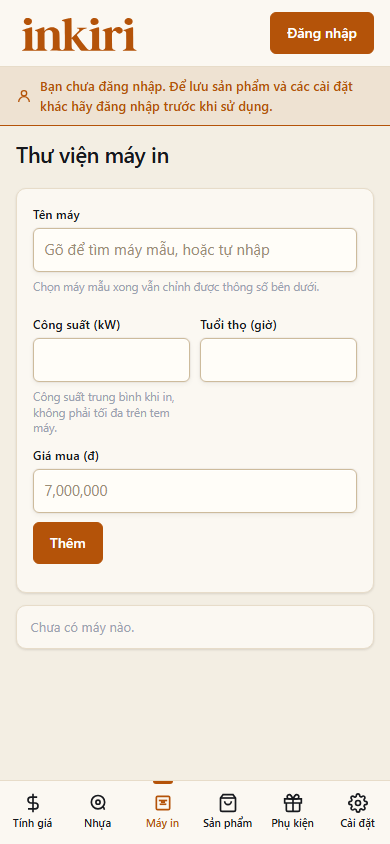 Tab Thư viện máy in Inkiri trên điện thoại với ô tên máy, công suất, tuổi thọ và giá mua