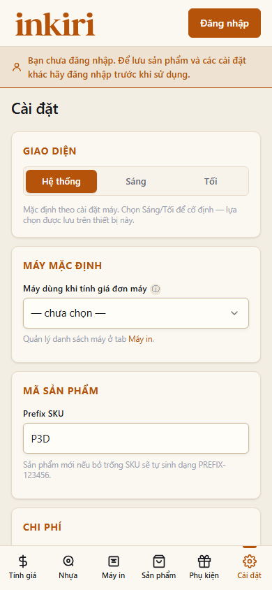 Tab Cài đặt Inkiri trên điện thoại với các nhóm giao diện, máy mặc định, mã sản phẩm và chi phí