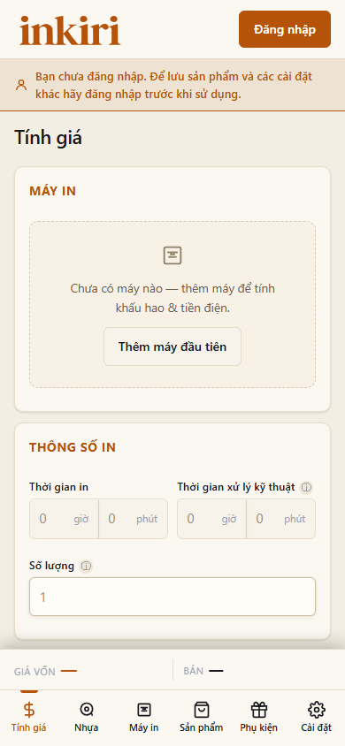Màn Tính giá Inkiri trên điện thoại với phần Máy in, Thông số in và thanh kết quả phía dưới